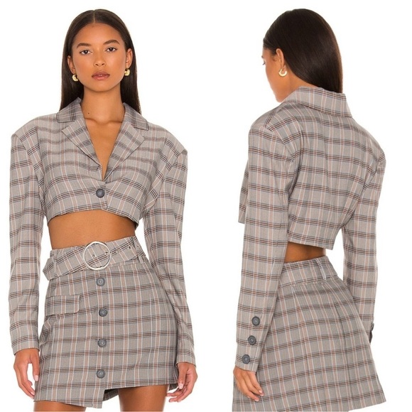 For Love and Lemons Kym Crop Blazer and Skirt Set Plaid Academia Gray Size Small - Picture 1 of 15